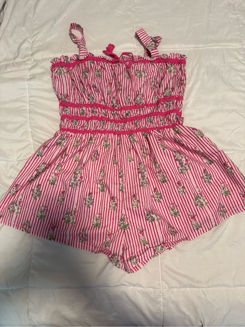 Umgee Pink Striped Floral Romper with Smocked Bodice